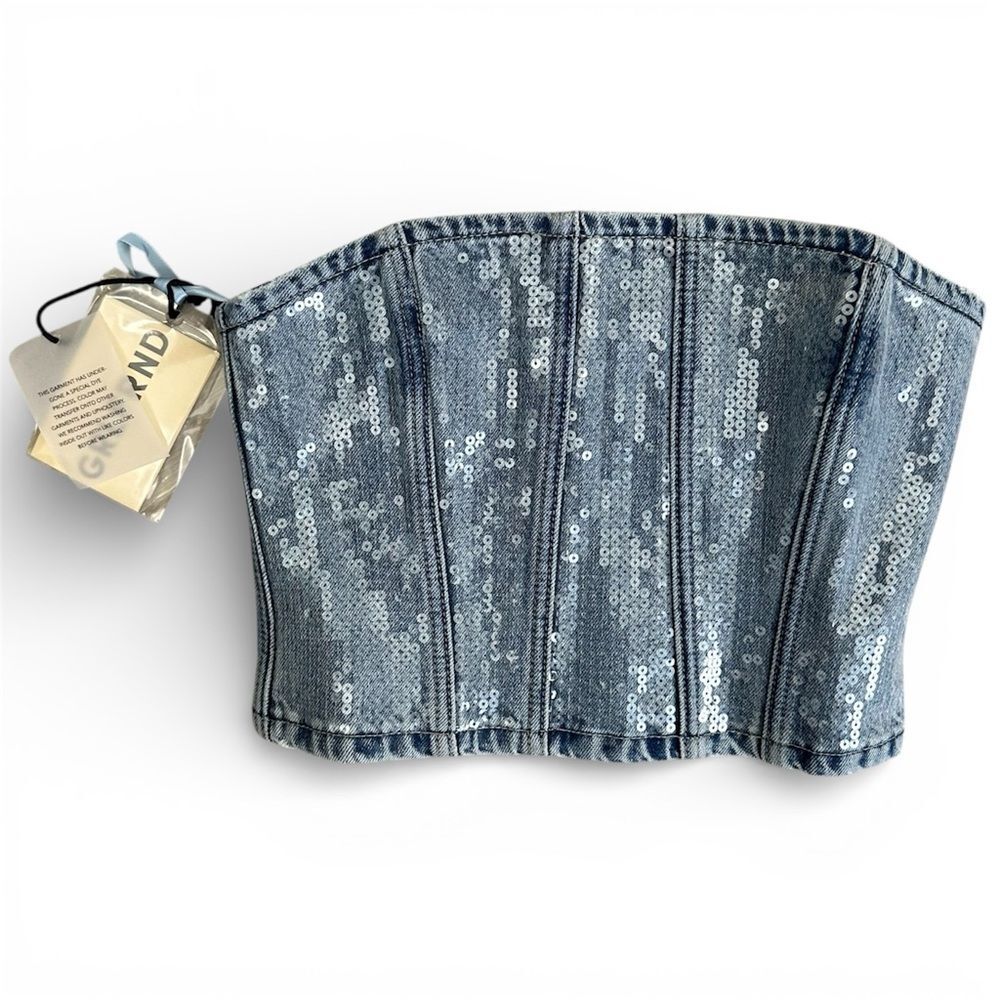 NWT GRLFRND x Lindsi Lane Aurora Sequin
Bustier Crop Top Denim Strapless XS